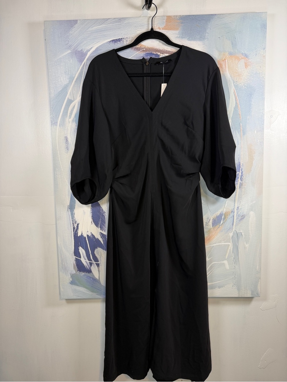 Madewell V Neck Ruched Midi Dress Black 6 Small NWT 3/4 Dolman Sleeve Elegant